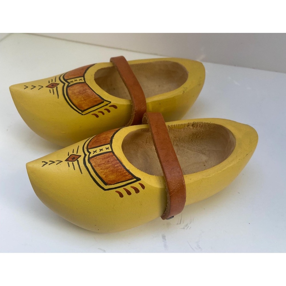 Vintage Traditional Dutch Wooden Hand-Painted Clogs Yellow Decorative Shoes